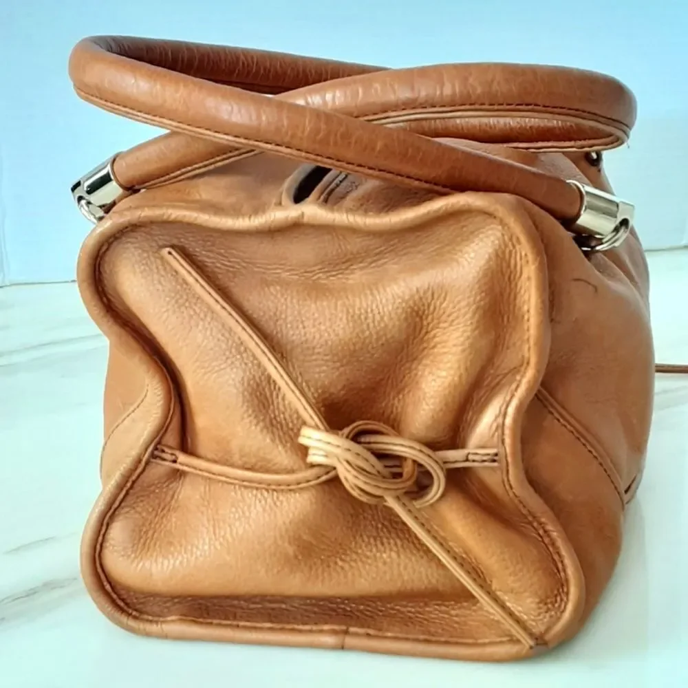 Tre Vero Pebble Caramel Leather Double Handle Cinch Gold Accent Handbag